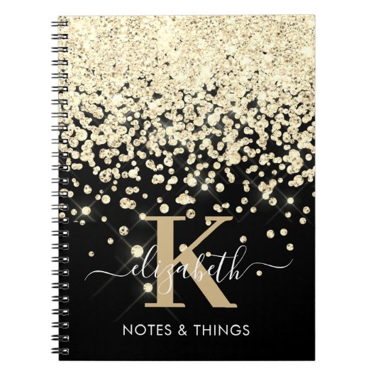 Chique Zwart Goud Glitters Diamant Monogram Initia Notitieboek (Voorkant)