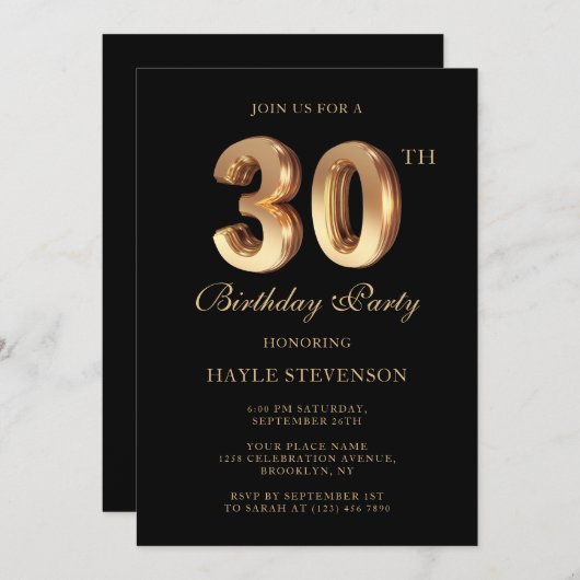Chique Zwart & Goud Luxe Stijlvolle 30e Verjaardag Kaart (Voorkant / Achterkant)