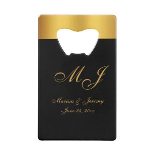 Chique Zwart Goud Monogram Script Bruiloft Creditkaart Flessenopener