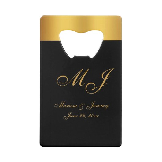 Chique Zwart Goud Monogram Script Bruiloft Creditkaart Flessenopener (Voorkant)