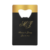 Chique Zwart Goud Monogram Script Bruiloft Creditkaart Flessenopener (Achterkant)