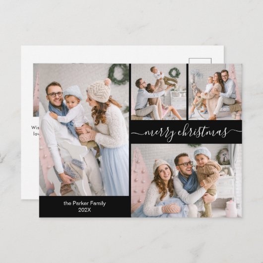 Chique zwart goud script 5 meerdere kerst foto briefkaart (Voorkant / Achterkant)