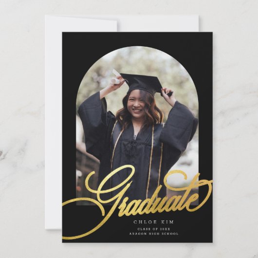 Chique Zwart Goud Script Arch Afstuderen Foto Aankondiging (Voorkant)
