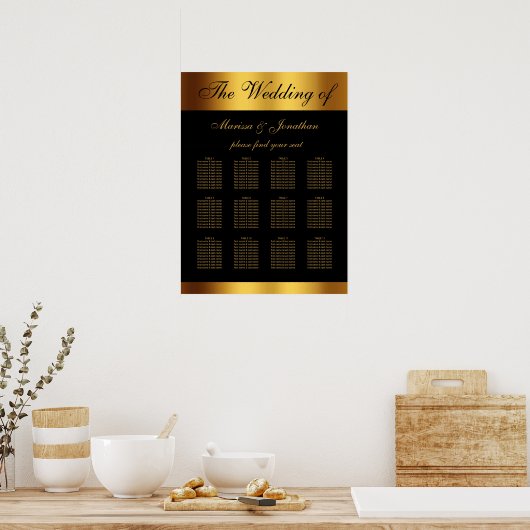 Chique Zwart Goud Script Border Bruiloft Zitting Poster (Keuken)