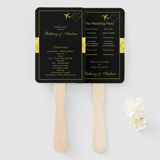 Chique zwart gouden hart bruiloft ceremonie progra handwaaier (Voorkant en achterkant)