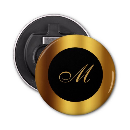 Chique zwart gouden kalligrafie rand monogram button flesopener (Voorkant)