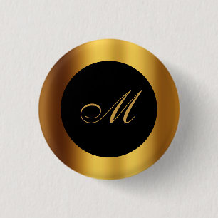 Chique zwart gouden kalligrafie rand monogram ronde button 3,2 cm