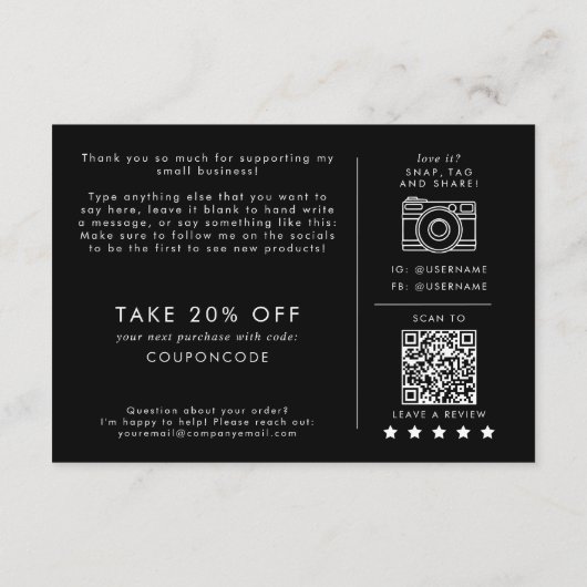 Chique Zwart Handgemaakt met Liefde Dank U Bestell Informatiekaartje (Achterkant)