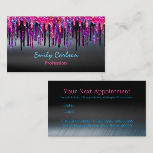 Chique zwart heet roze blauw druppels afsprakenkaartje (Voorkant / Achterkant)