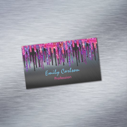 Chique zwart heet roze blauw druppels magnetisch visitekaartje (Voorbeeld)