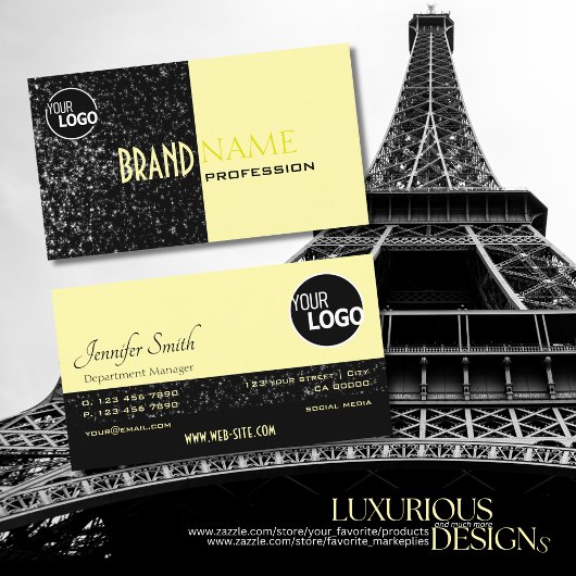 Chique Zwart Lichtgeel Glitter Sterren en Logo Visitekaartje