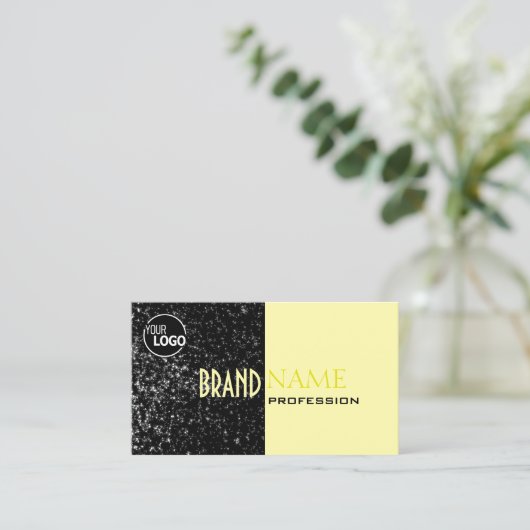Chique Zwart Lichtgeel Glitter Sterren en Logo Visitekaartje (Staand voorkant)