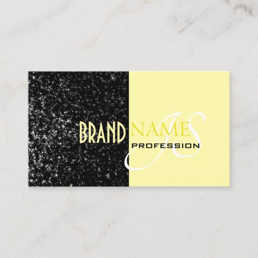 Chique Zwart Lichtgeel Glitter Sterren en Monogram Visitekaartje (Voorkant)