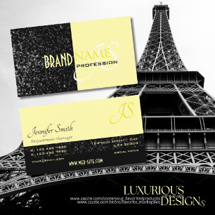 Chique Zwart Lichtgeel Glitter Sterren en Monogram Visitekaartje