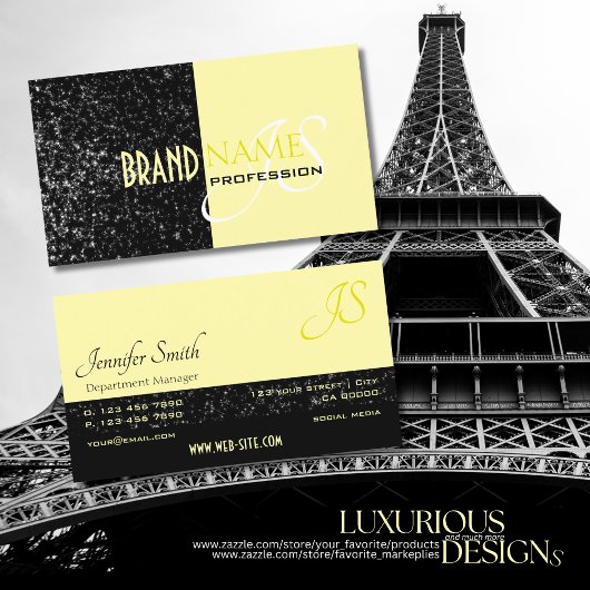 Chique Zwart Lichtgeel Glitter Sterren en Monogram Visitekaartje