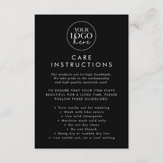 Chique Zwart Logo Product Care Instructies Informatiekaartje (Voorkant)