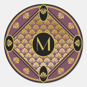 Chique Zwart & Mauve Art Deco Fan Patroon Monogram Ronde Sticker
