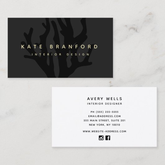 Chique zwart oceaan koraal interieur designer visitekaartje (Voorkant / Achterkant)
