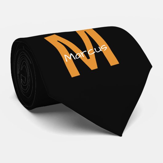 Chique Zwart Oranje met Monogram Stropdas (Opgerold)