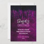 Chique zwart paarse glitter druppels damask Christ Feestdagenkaart (Voorkant)