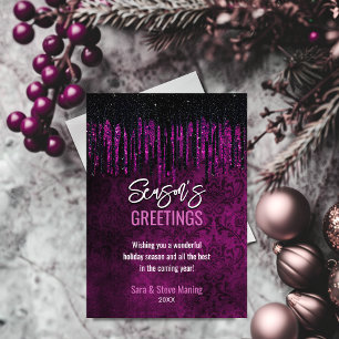 Chique zwart paarse glitter druppels damask Christ Feestdagenkaart