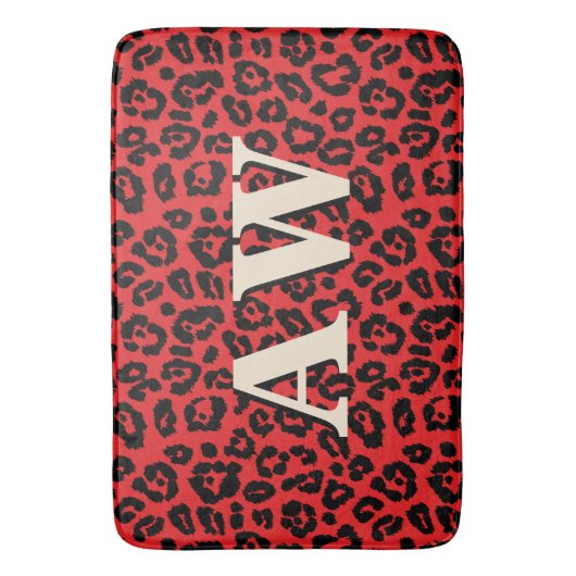 Chique zwart-rode luipaardprint monogram badmat (Voorkant Verticaal)