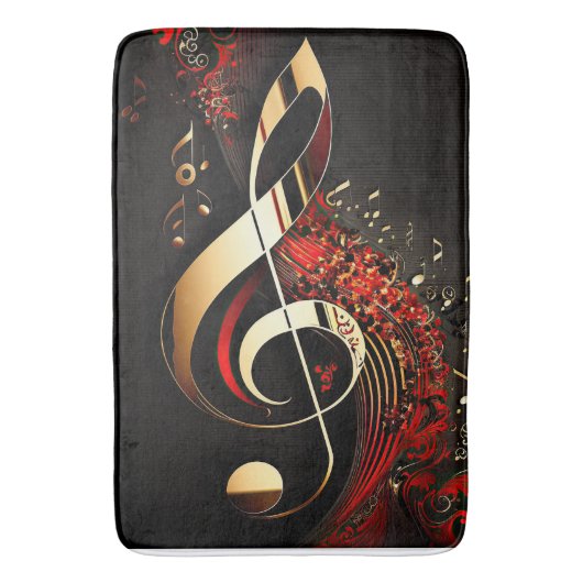 Chique Zwart Rood en Goud Treble Clef Note Badmat (Voorkant Verticaal)