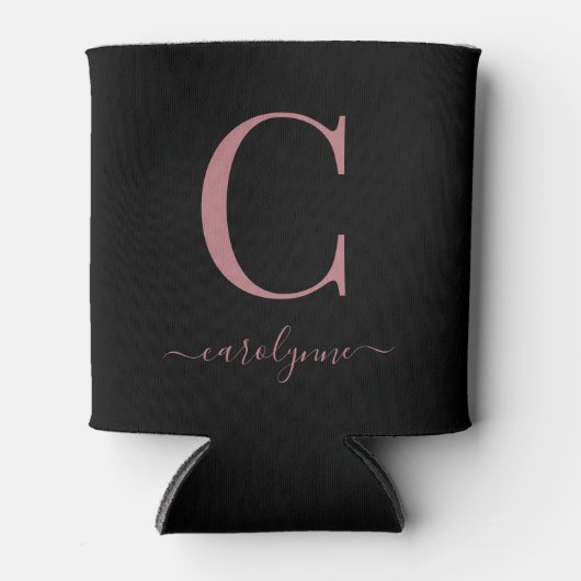 Chique Zwart Roos Goud Roze Monogram Script Blikjeskoeler (Voorkant)