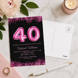 Chique zwart roze 40ste verjaardagsfeest uitnodigi briefkaart