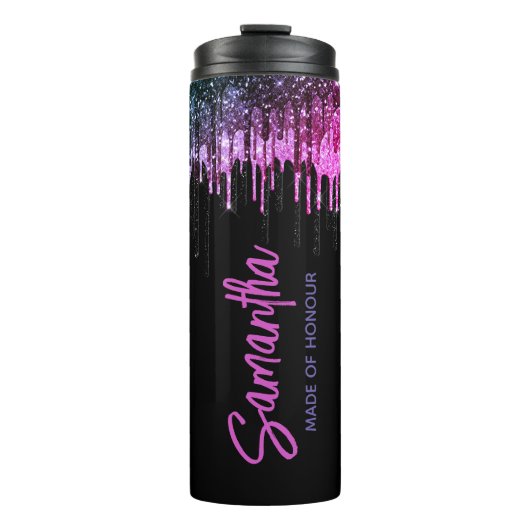 Chique zwart roze glitter druppelt bruidsjubileum thermosbeker (Voorkant)