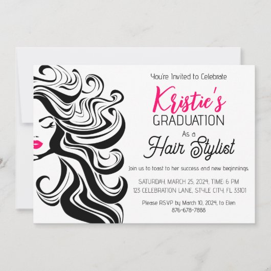 Chique Zwart Roze Haar Stylist Graduation Party Sc Kaart (Voorkant)