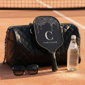 Chique Zwart Sparkle Glitter Drips Monogram Pickleball Paddle