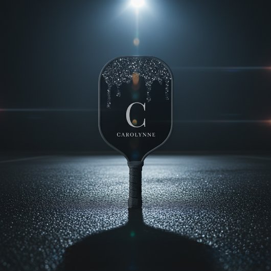 Chique Zwart Sparkle Glitter Drips Monogram Pickleball Paddle