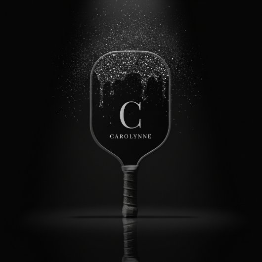 Chique Zwart Sparkle Glitter Drips Monogram Pickleball Paddle
