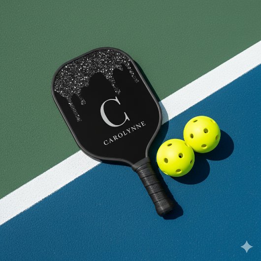 Chique Zwart Sparkle Glitter Drips Monogram Pickleball Paddle