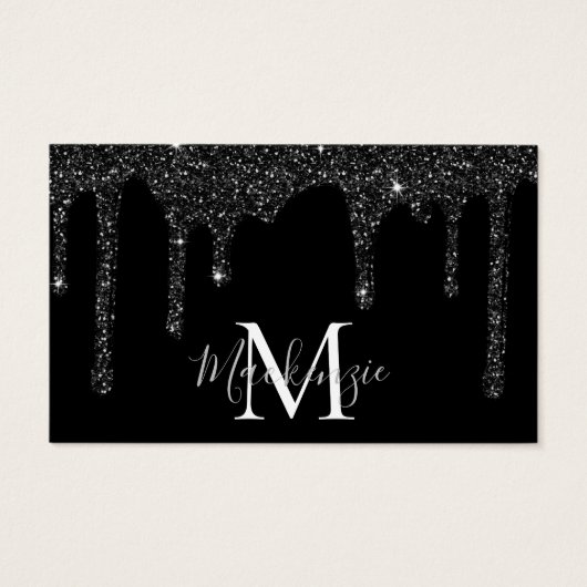 Chique Zwart Sparkle Glitter Drips Monogram Visitekaartje (Voorkant)