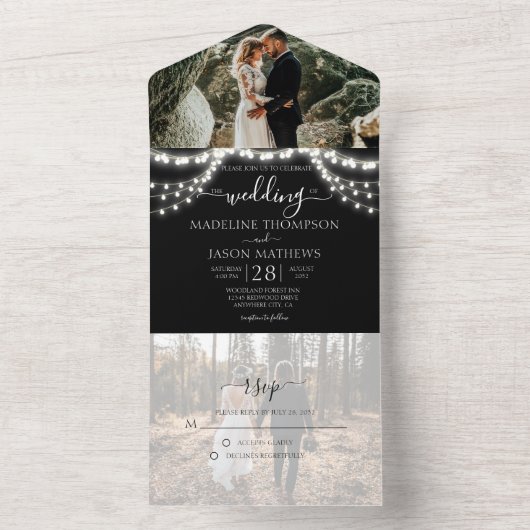 Chique Zwart String Lights Foto RSVP Bruiloft All In One Uitnodiging (Binnen)