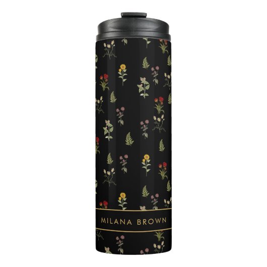 Chique zwart  Wildflower Pattern Thermosbeker (Voorkant)