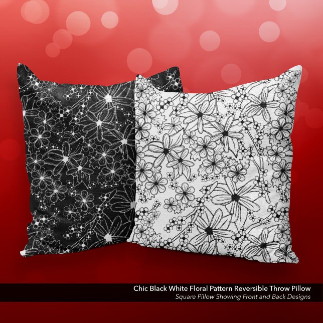 Chique zwart wit bloemmotief omkeerbaar kussen (Chic Black and White Floral Pattern Reversible Throw Pillow)