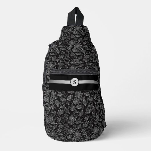 Chique zwart-wit bloemmotief Persoonlijk aangepast Sling Bag (Voorkant)