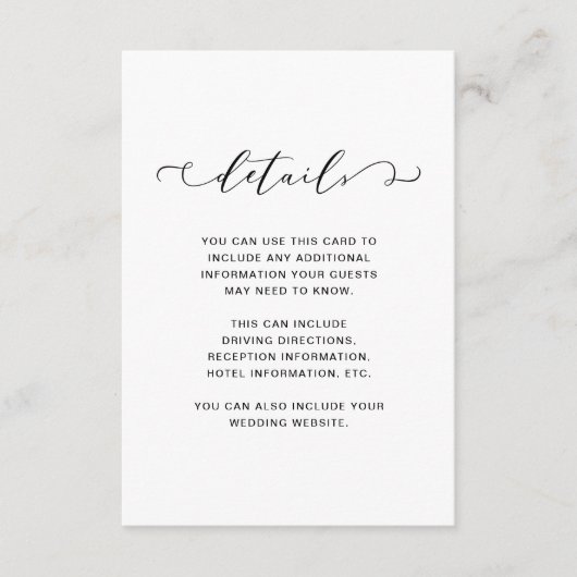 Chique zwart-wit bruiloft details informatiekaartje (Voorkant)