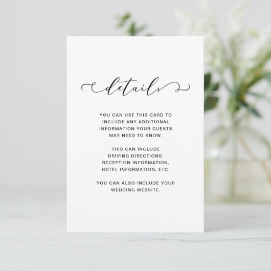 Chique zwart-wit bruiloft details informatiekaartje (Staand voorkant)