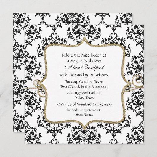 Chique Zwart & Wit Damask Bruidsdouche Uitnodiging (Voorkant / Achterkant)