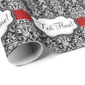Chique zwart/wit damast rood lint cadeaupapier (Rol Hoek)