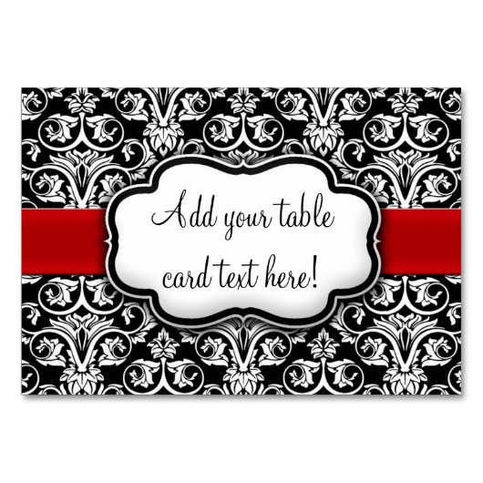 Chique zwart/wit damast rood lint kaart (Voorkant)