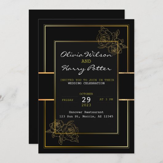 Chique zwart, wit en goud Eenvoudige bruiloft Kaart (Voorkant / Achterkant)