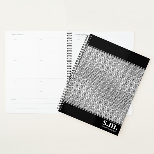 Chique zwart & wit geometrisch patroon monogram planner (Display)