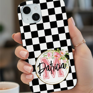 Chique zwart-wit geruit monogram roze bloem iPhone 15 case