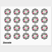 Chique Zwart Wit Gestreept Roze Bloemen Monogram Ronde Sticker (Vel)