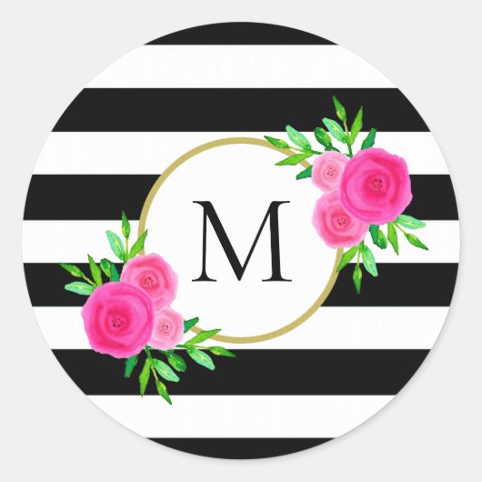 Chique Zwart Wit Gestreept Roze Bloemen Monogram Ronde Sticker (Voorkant)